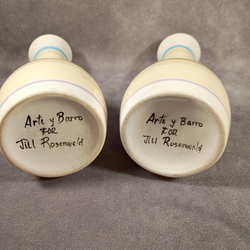 Jill Rosenwald Arte y Barro Ceramic Bud Vases Pair Boho Striped Hand Painted - Picture 9 of 9